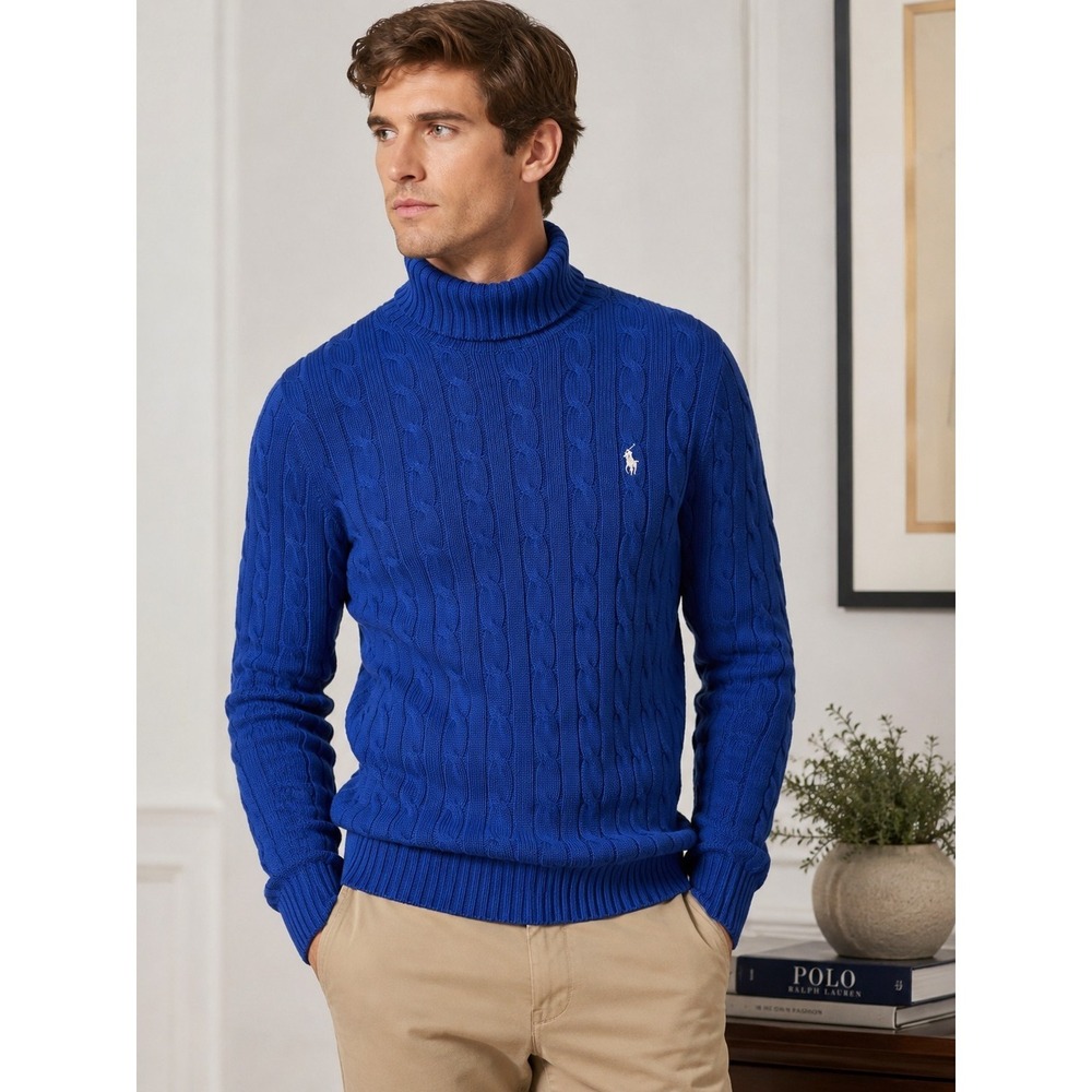 Ralph Lauren Sport Cable‎ Knit Roll Neck Sweater Blue Cotton Pony Logo XL